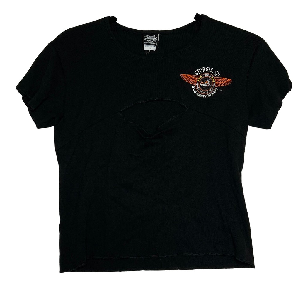 Vtg Sturgis chest cut out Woman's HarleyDavidson T-shirt. size large made in USA